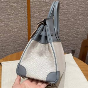 Hermes Birkin Toile H 25 Bag Handmade In Swift Calfskin Leather And Canvas Silver Hardware 8U Blue Glacier - Image 13