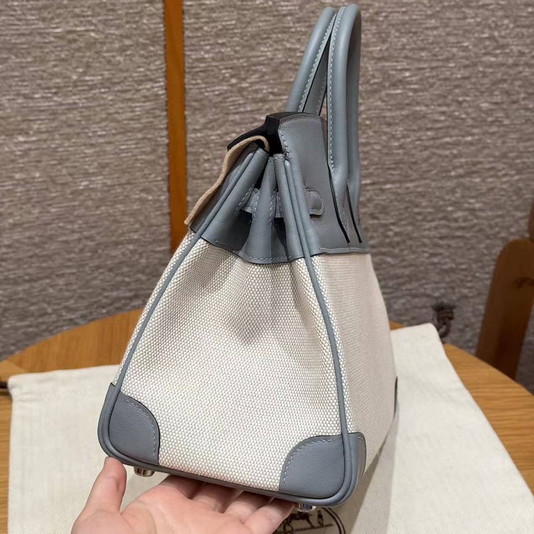 Hermes Birkin Toile H 25 Bag Handmade In Swift Calfskin Leather And Canvas Silver Hardware 8U Blue Glacier - Image 13