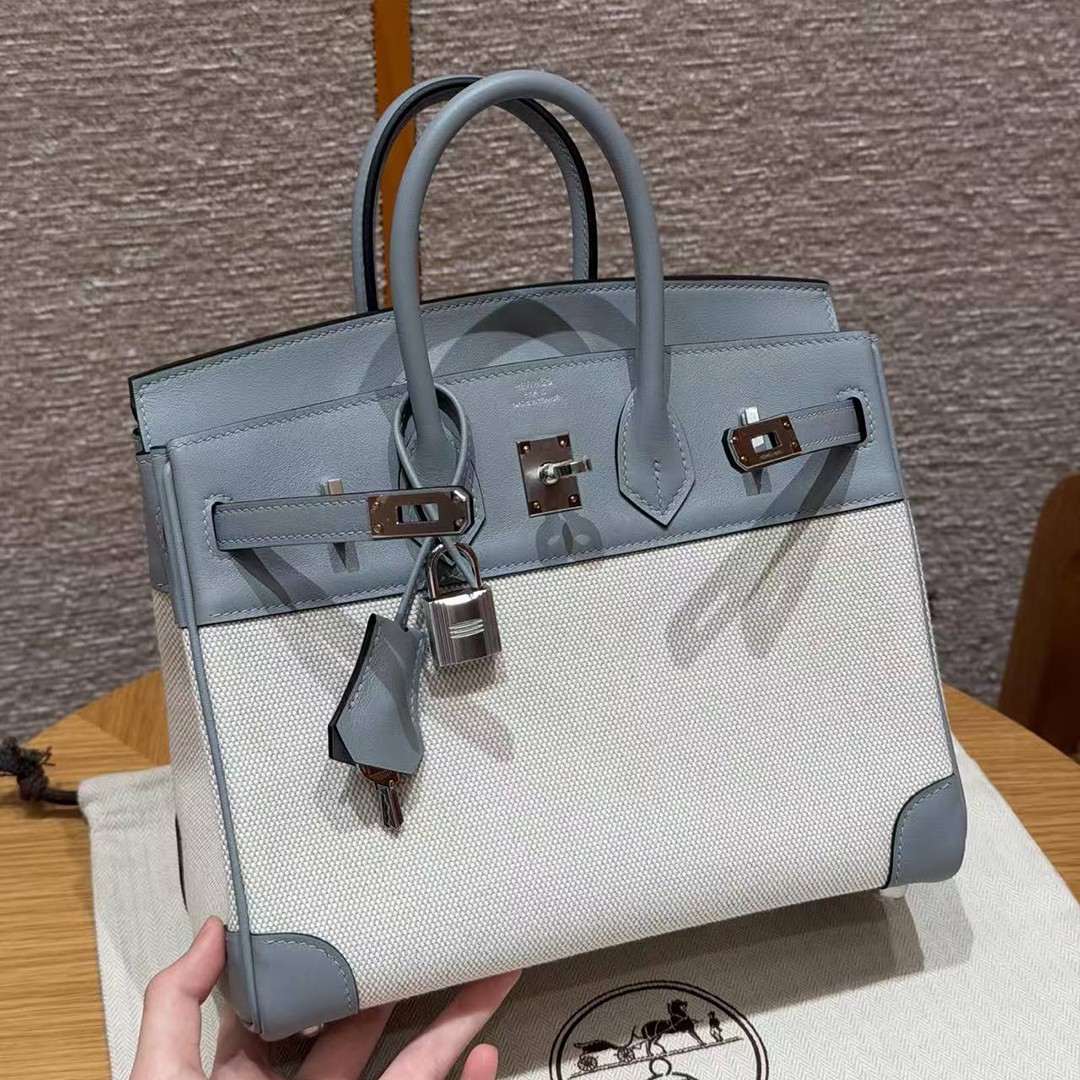 Hermes Birkin Toile H 25 Bag Handmade In Swift Calfskin Leather And Canvas Silver Hardware 8U Blue Glacier - Image 10