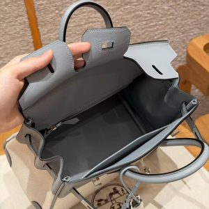 Hermes Birkin Toile H 25 Bag Handmade In Swift Calfskin Leather And Canvas Silver Hardware 8U Blue Glacier - Image 8