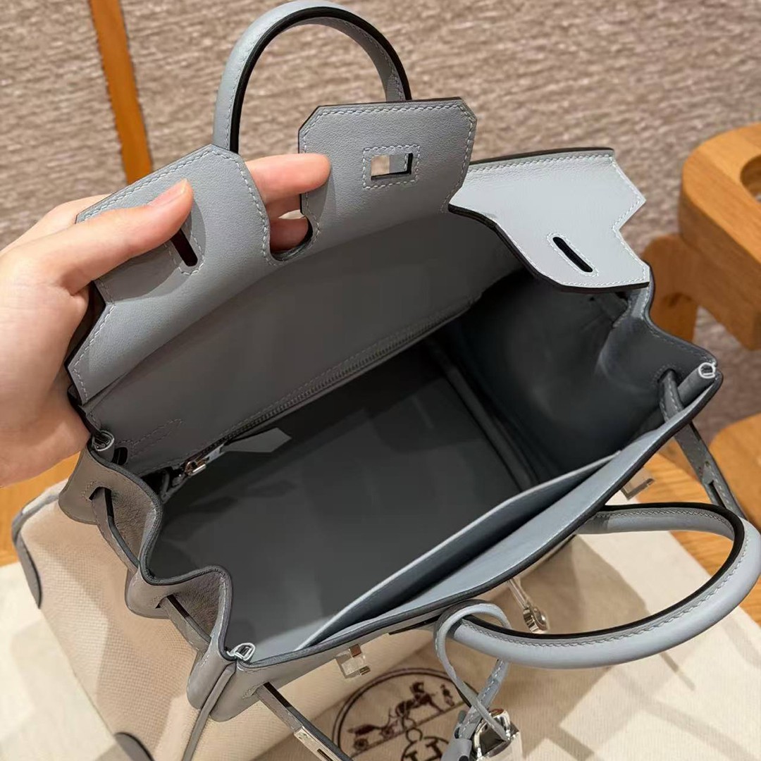 Hermes Birkin Toile H 25 Bag Handmade In Swift Calfskin Leather And Canvas Silver Hardware 8U Blue Glacier - Image 8