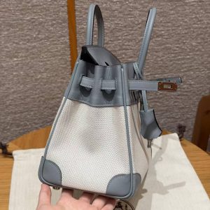 Hermes Birkin Toile H 25 Bag Handmade In Swift Calfskin Leather And Canvas Silver Hardware 8U Blue Glacier - Image 7