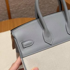 Hermes Birkin Toile H 25 Bag Handmade In Swift Calfskin Leather And Canvas Silver Hardware 8U Blue Glacier - Image 6
