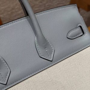 Hermes Birkin Toile H 25 Bag Handmade In Swift Calfskin Leather And Canvas Silver Hardware 8U Blue Glacier - Image 5