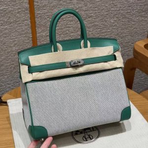 Hermes Birkin Toile H 25 Bag Handmade In Swift Calfskin Leather And Canvas Silver Hardware U4 Vert Vertigo