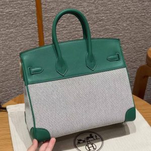 Hermes Birkin Toile H 25 Bag Handmade In Swift Calfskin Leather And Canvas Silver Hardware U4 Vert Vertigo - Image 2