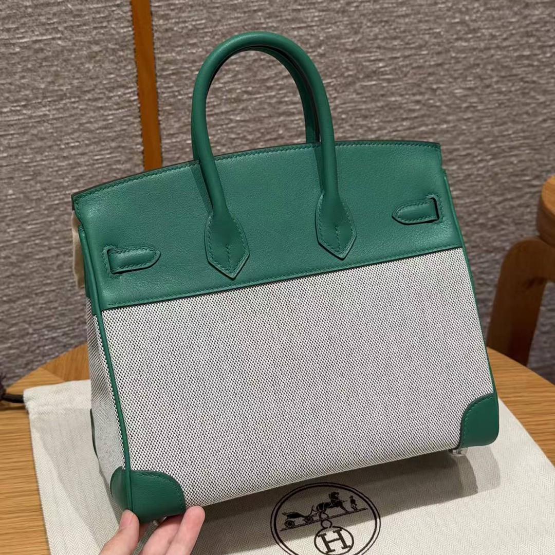 Hermes Birkin Toile H 25 Bag Handmade In Swift Calfskin Leather And Canvas Silver Hardware U4 Vert Vertigo - Image 2