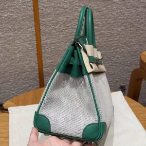 Hermes Birkin Toile H 25 Bag Handmade In Swift Calfskin Leather And Canvas Silver Hardware U4 Vert Vertigo - Image 17