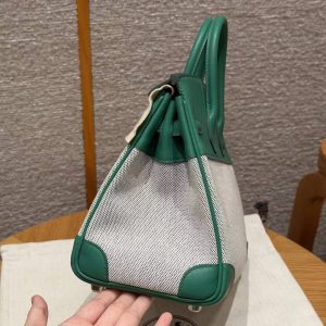 Hermes Birkin Toile H 25 Bag Handmade In Swift Calfskin Leather And Canvas Silver Hardware U4 Vert Vertigo - Image 16