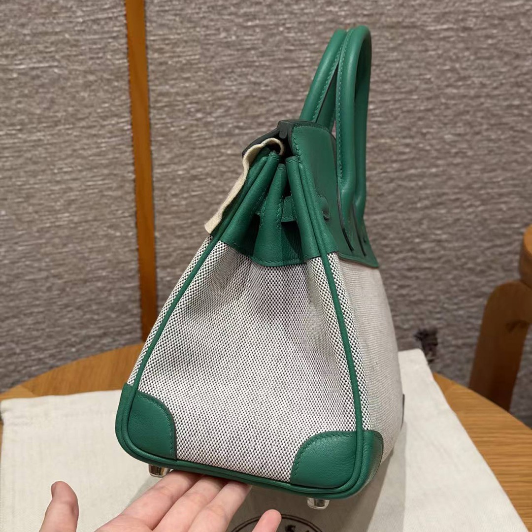 Hermes Birkin Toile H 25 Bag Handmade In Swift Calfskin Leather And Canvas Silver Hardware U4 Vert Vertigo - Image 16