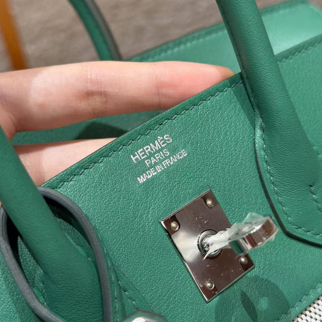 Hermes Birkin Toile H 25 Bag Handmade In Swift Calfskin Leather And Canvas Silver Hardware U4 Vert Vertigo - Image 14