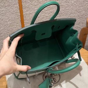Hermes Birkin Toile H 25 Bag Handmade In Swift Calfskin Leather And Canvas Silver Hardware U4 Vert Vertigo - Image 12