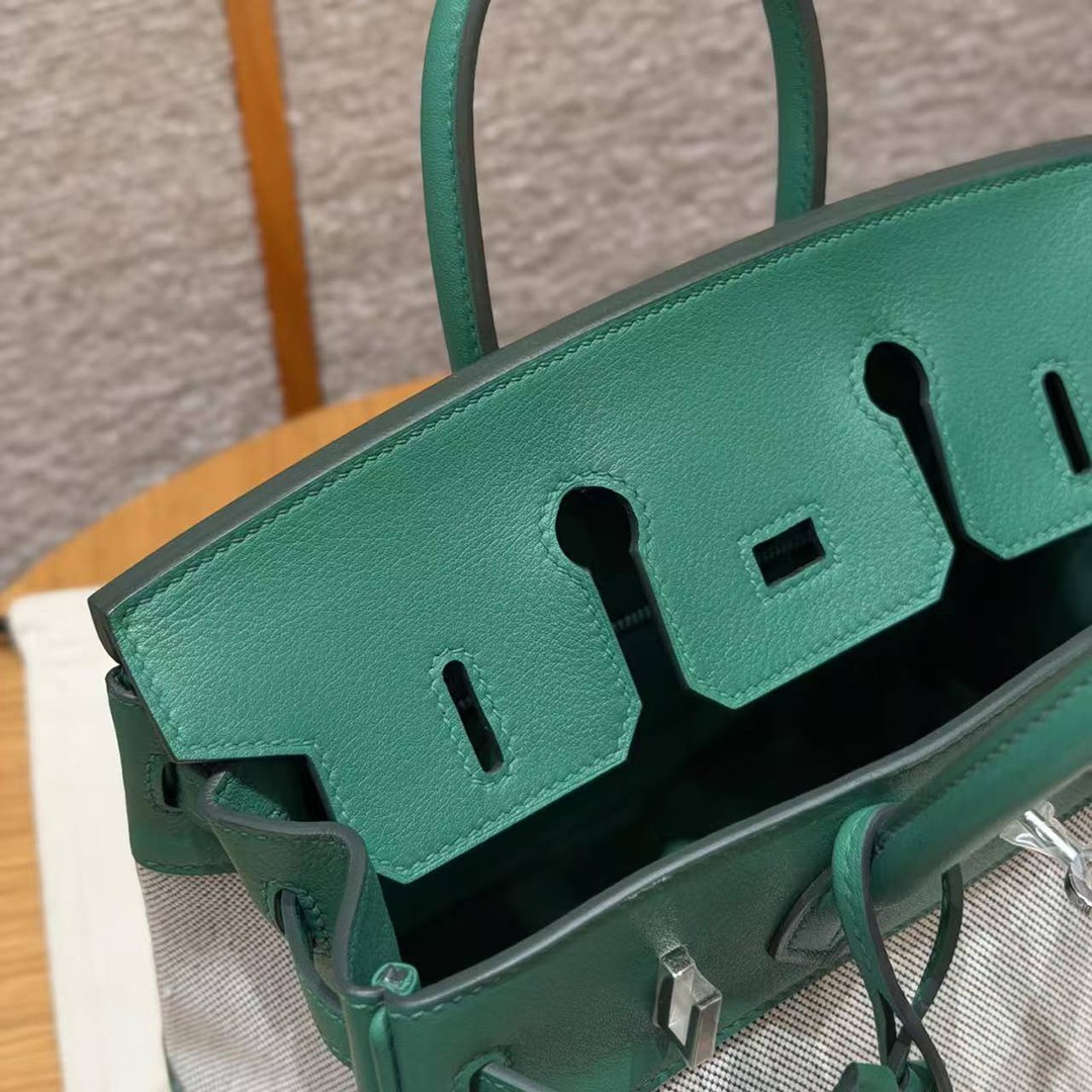 Hermes Birkin Toile H 25 Bag Handmade In Swift Calfskin Leather And Canvas Silver Hardware U4 Vert Vertigo - Image 11