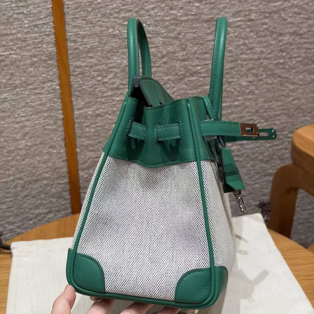 Hermes Birkin Toile H 25 Bag Handmade In Swift Calfskin Leather And Canvas Silver Hardware U4 Vert Vertigo - Image 10