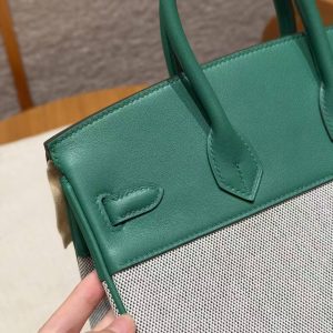 Hermes Birkin Toile H 25 Bag Handmade In Swift Calfskin Leather And Canvas Silver Hardware U4 Vert Vertigo - Image 9