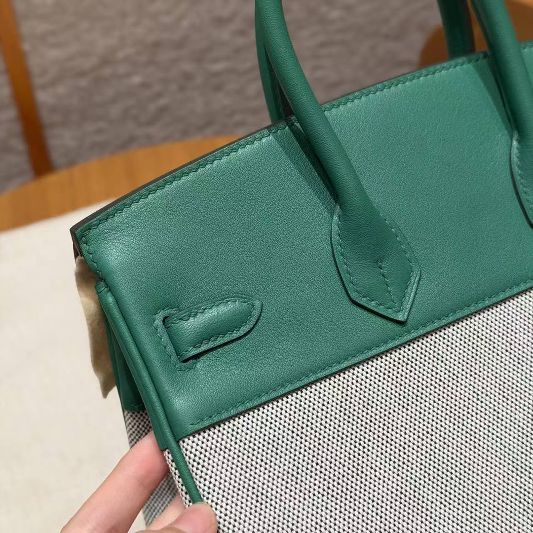 Hermes Birkin Toile H 25 Bag Handmade In Swift Calfskin Leather And Canvas Silver Hardware U4 Vert Vertigo - Image 9