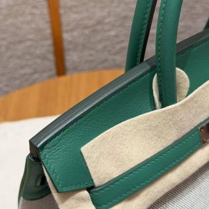 Hermes Birkin Toile H 25 Bag Handmade In Swift Calfskin Leather And Canvas Silver Hardware U4 Vert Vertigo - Image 8