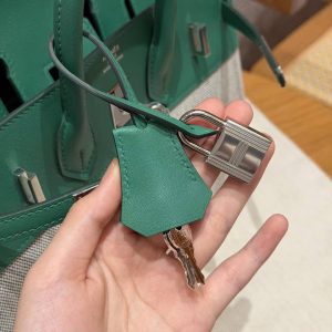 Hermes Birkin Toile H 25 Bag Handmade In Swift Calfskin Leather And Canvas Silver Hardware U4 Vert Vertigo - Image 6