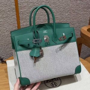 Hermes Birkin Toile H 25 Bag Handmade In Swift Calfskin Leather And Canvas Silver Hardware U4 Vert Vertigo - Image 5