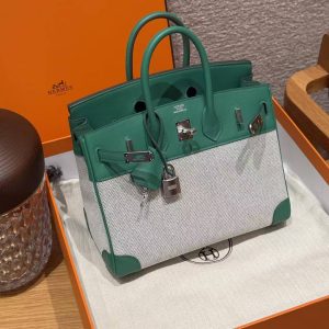 Hermes Birkin Toile H 25 Bag Handmade In Swift Calfskin Leather And Canvas Silver Hardware U4 Vert Vertigo - Image 4
