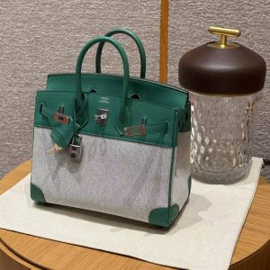 Hermes Birkin Toile H 25 Bag Handmade In Swift Calfskin Leather And Canvas Silver Hardware U4 Vert Vertigo - Image 3