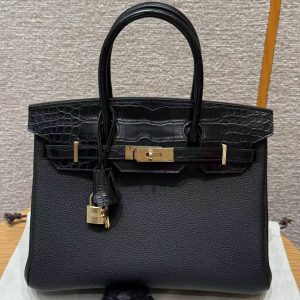 Hermes Birkin Touch 30 Bag Handmade In Togo Calfskin Leather And Matte Alligator Leather Gold Hardware 89 Noir