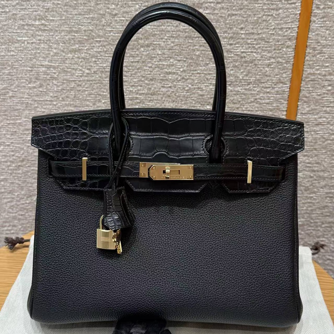 Hermes Birkin Touch 30 Bag Handmade In Togo Calfskin Leather And Matte Alligator Leather Gold Hardware 89 Noir