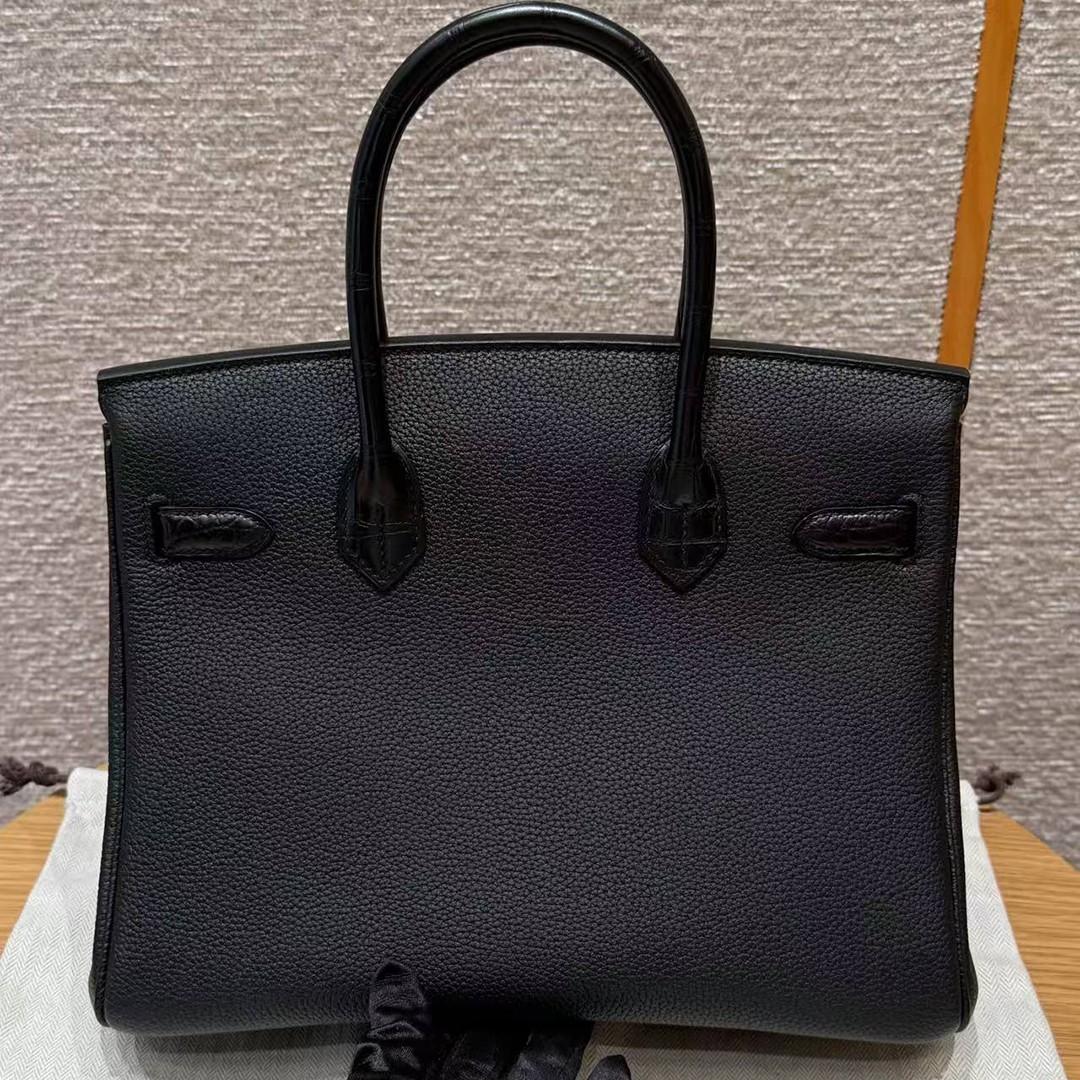 Hermes Birkin Touch 30 Bag Handmade In Togo Calfskin Leather And Matte Alligator Leather Gold Hardware 89 Noir - Image 2