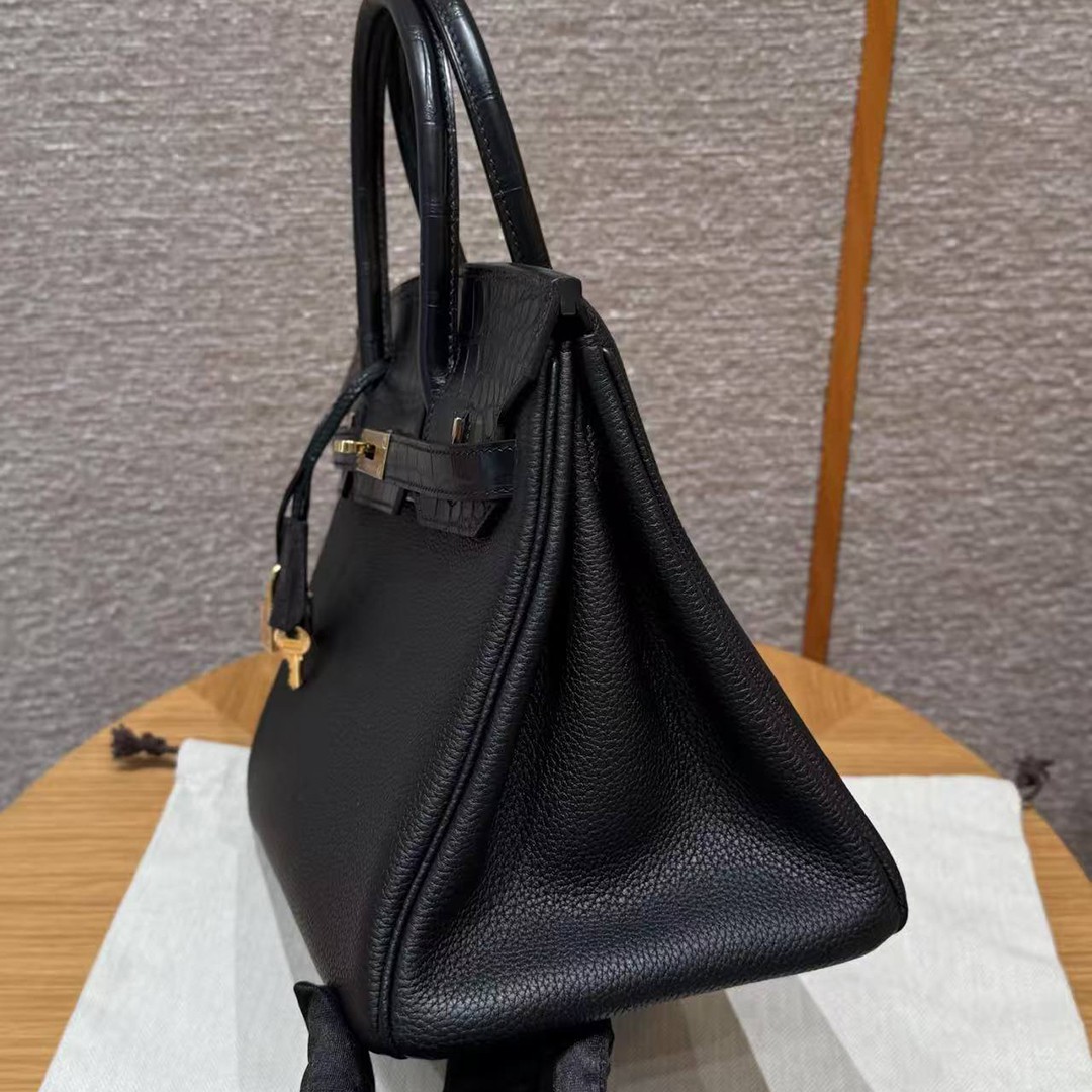 Hermes Birkin Touch 30 Bag Handmade In Togo Calfskin Leather And Matte Alligator Leather Gold Hardware 89 Noir - Image 17