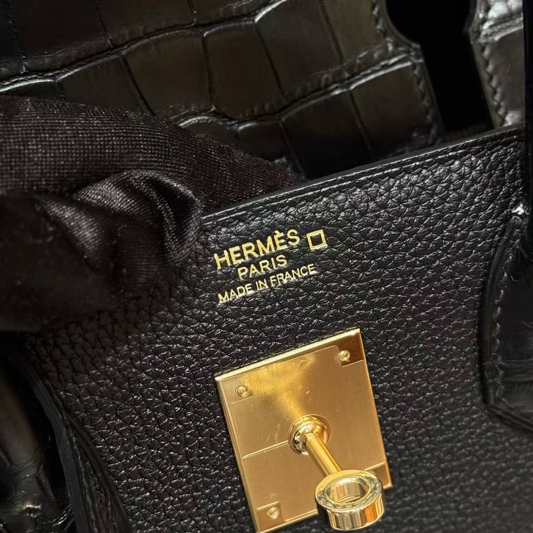 Hermes Birkin Touch 30 Bag Handmade In Togo Calfskin Leather And Matte Alligator Leather Gold Hardware 89 Noir - Image 14