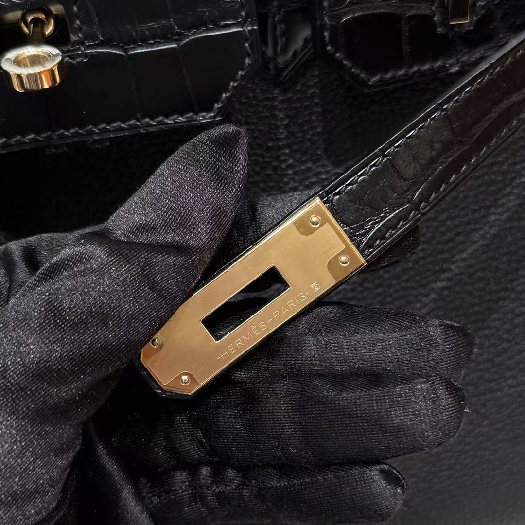 Hermes Birkin Touch 30 Bag Handmade In Togo Calfskin Leather And Matte Alligator Leather Gold Hardware 89 Noir - Image 13