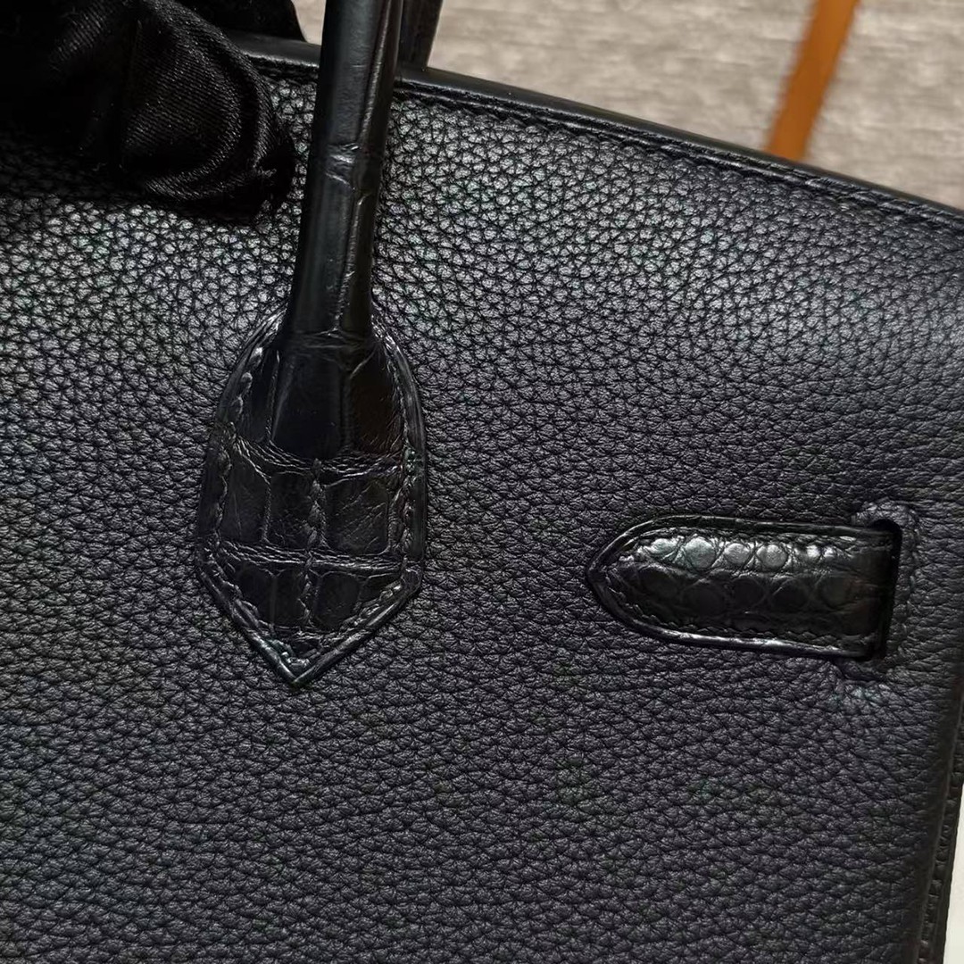 Hermes Birkin Touch 30 Bag Handmade In Togo Calfskin Leather And Matte Alligator Leather Gold Hardware 89 Noir - Image 9