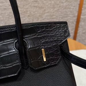Hermes Birkin Touch 30 Bag Handmade In Togo Calfskin Leather And Matte Alligator Leather Gold Hardware 89 Noir - Image 8