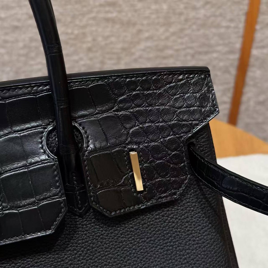 Hermes Birkin Touch 30 Bag Handmade In Togo Calfskin Leather And Matte Alligator Leather Gold Hardware 89 Noir - Image 8