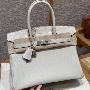 Hermes Birkin Touch 30 Bag Handmade In Togo Calfskin Leather And Matte Alligator Imported Leather Silver Hardware 8L Beton