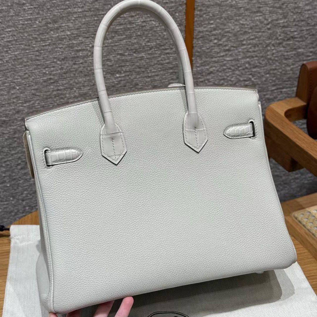 Hermes Birkin Touch 30 Bag Handmade In Togo Calfskin Leather And Matte Alligator Leather Silver Hardware 8L Beton - Image 2
