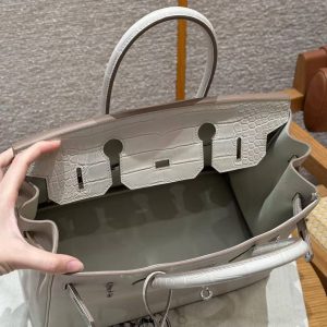 Hermes Birkin Touch 30 Bag Handmade In Togo Calfskin Leather And Matte Alligator Leather Silver Hardware 8L Beton - Image 24