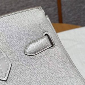 Hermes Birkin Touch 30 Bag Handmade In Togo Calfskin Leather And Matte Alligator Leather Silver Hardware 8L Beton - Image 20