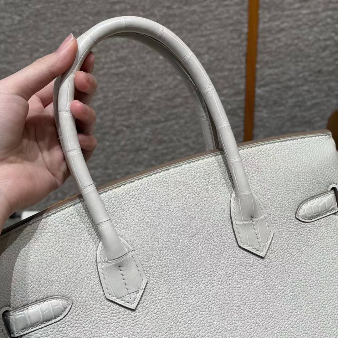 Hermes Birkin Touch 30 Bag Handmade In Togo Calfskin Leather And Matte Alligator Leather Silver Hardware 8L Beton - Image 19