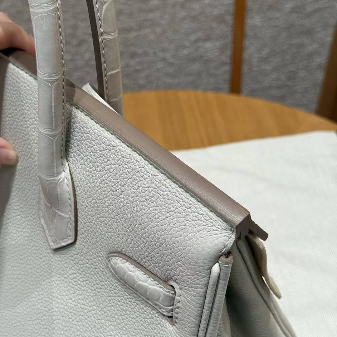 Hermes Birkin Touch 30 Bag Handmade In Togo Calfskin Leather And Matte Alligator Leather Silver Hardware 8L Beton - Image 15