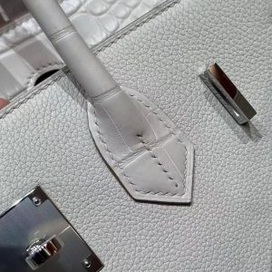 Hermes Birkin Touch 30 Bag Handmade In Togo Calfskin Leather And Matte Alligator Leather Silver Hardware 8L Beton - Image 14