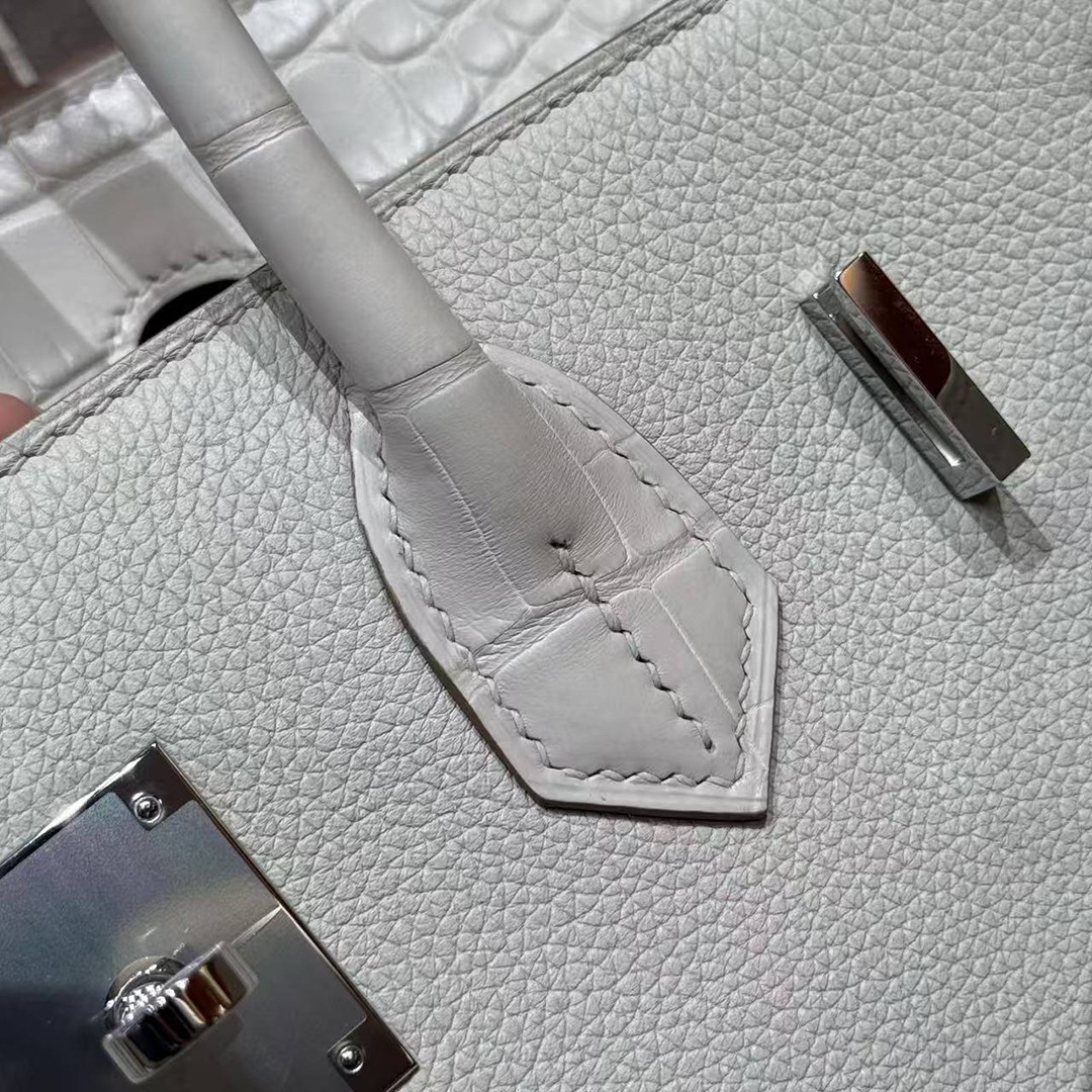 Hermes Birkin Touch 30 Bag Handmade In Togo Calfskin Leather And Matte Alligator Leather Silver Hardware 8L Beton - Image 14