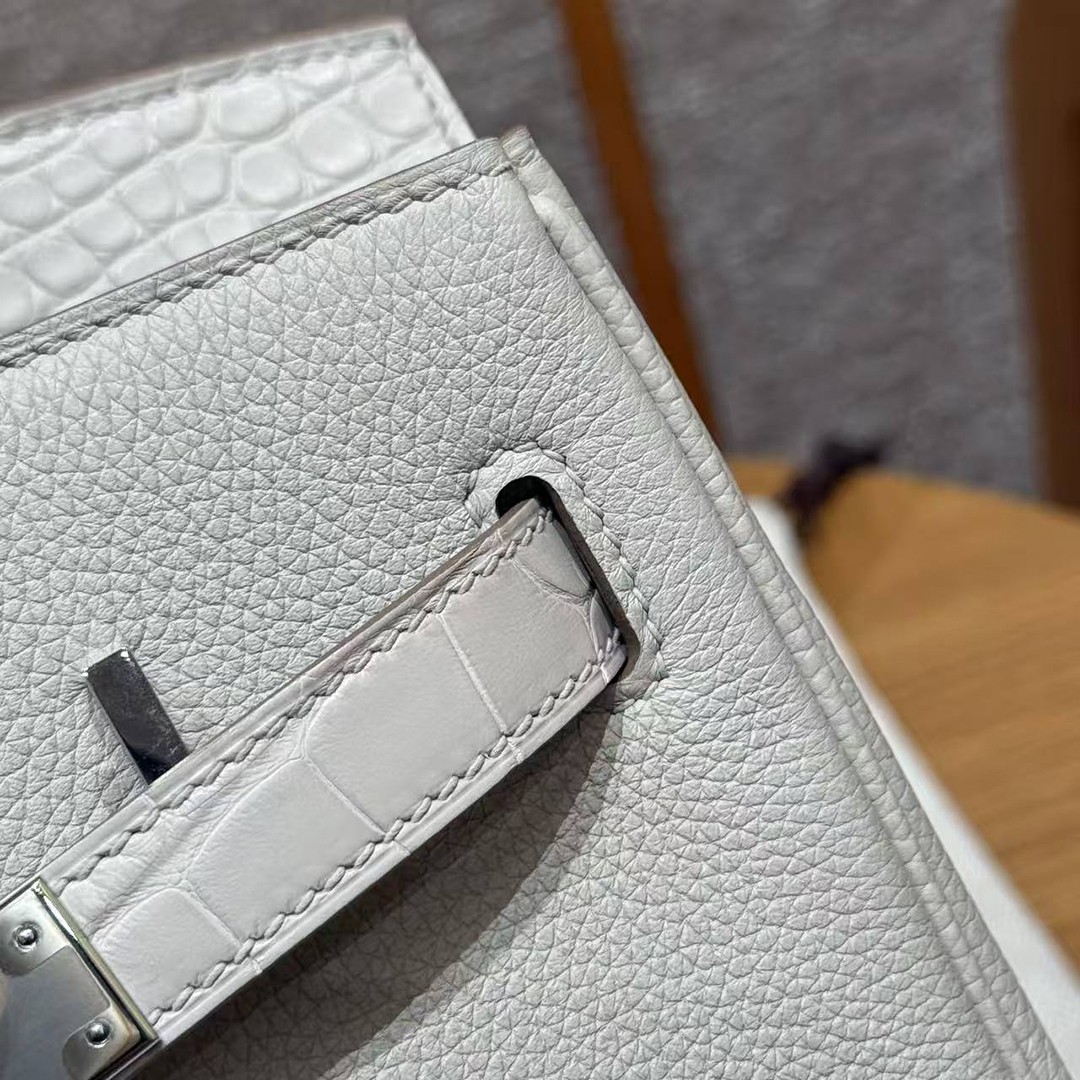Hermes Birkin Touch 30 Bag Handmade In Togo Calfskin Leather And Matte Alligator Leather Silver Hardware 8L Beton - Image 13