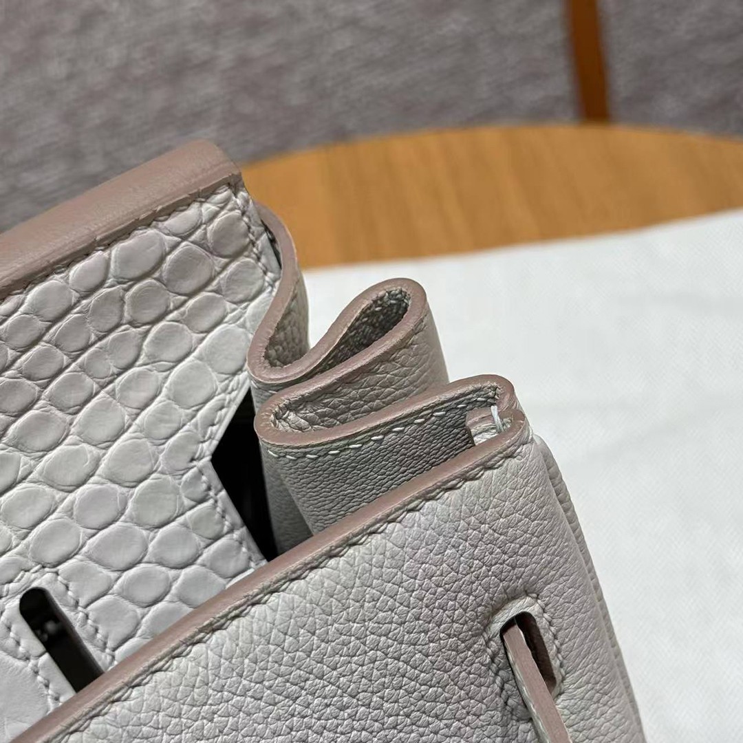 Hermes Birkin Touch 30 Bag Handmade In Togo Calfskin Leather And Matte Alligator Leather Silver Hardware 8L Beton - Image 12