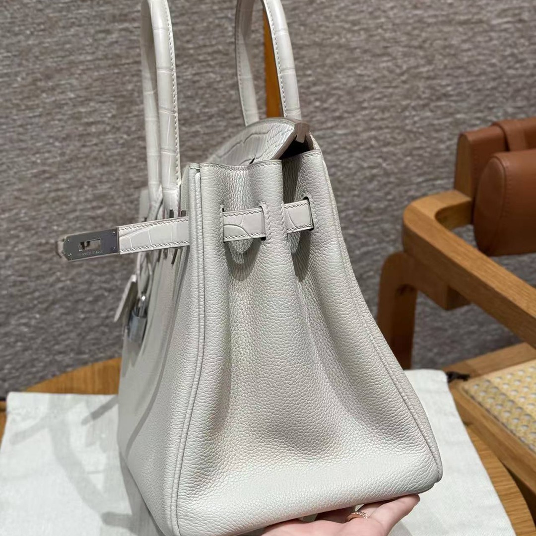 Hermes Birkin Touch 30 Bag Handmade In Togo Calfskin Leather And Matte Alligator Leather Silver Hardware 8L Beton - Image 10