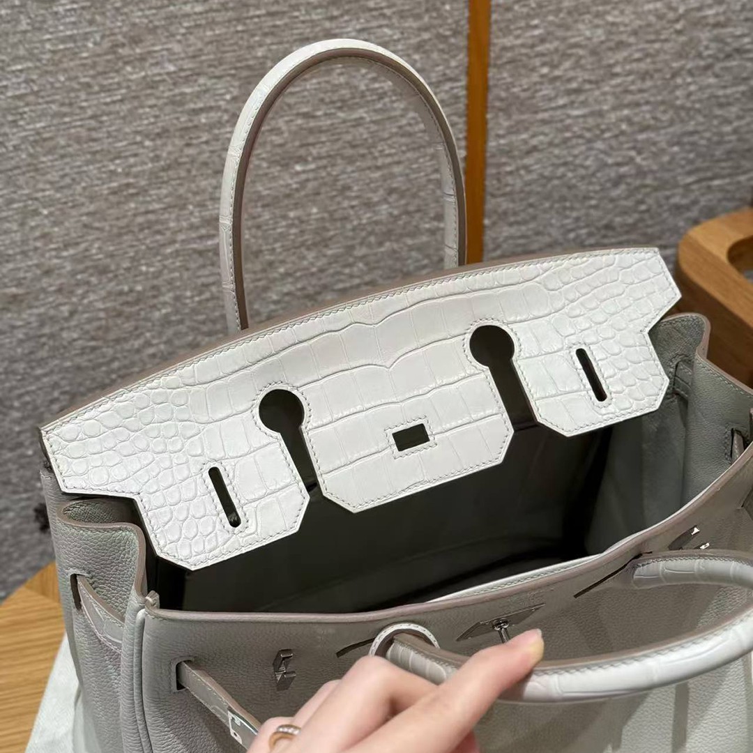 Hermes Birkin Touch 30 Bag Handmade In Togo Calfskin Leather And Matte Alligator Leather Silver Hardware 8L Beton - Image 9