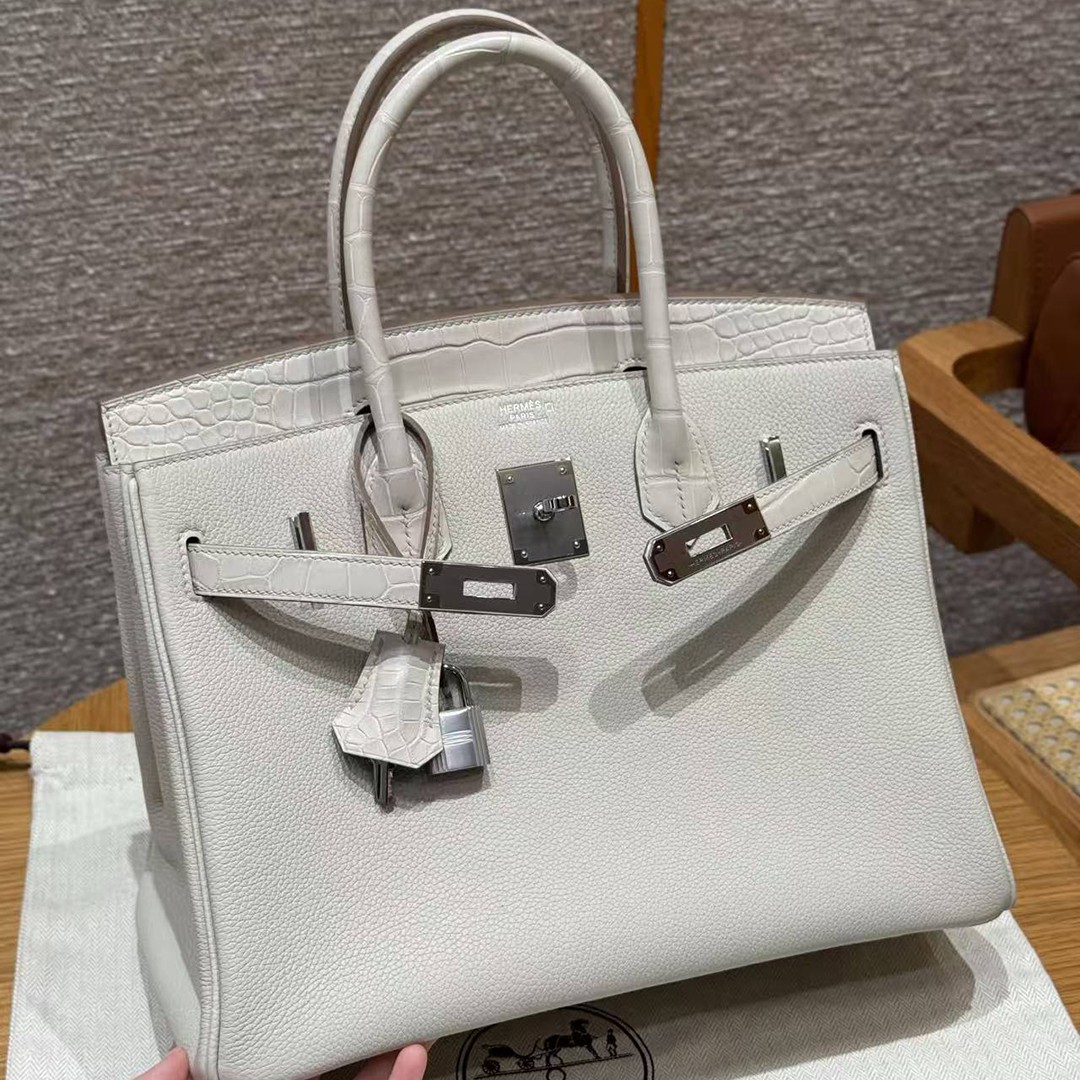 Hermes Birkin Touch 30 Bag Handmade In Togo Calfskin Leather And Matte Alligator Leather Silver Hardware 8L Beton - Image 4