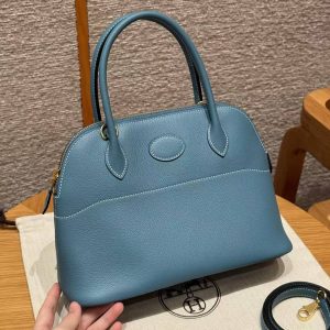 Hermes Bolide 1923 25 Bag Handmade In Togo Calfskin Leather Gold Hardware 75 Blue Jean