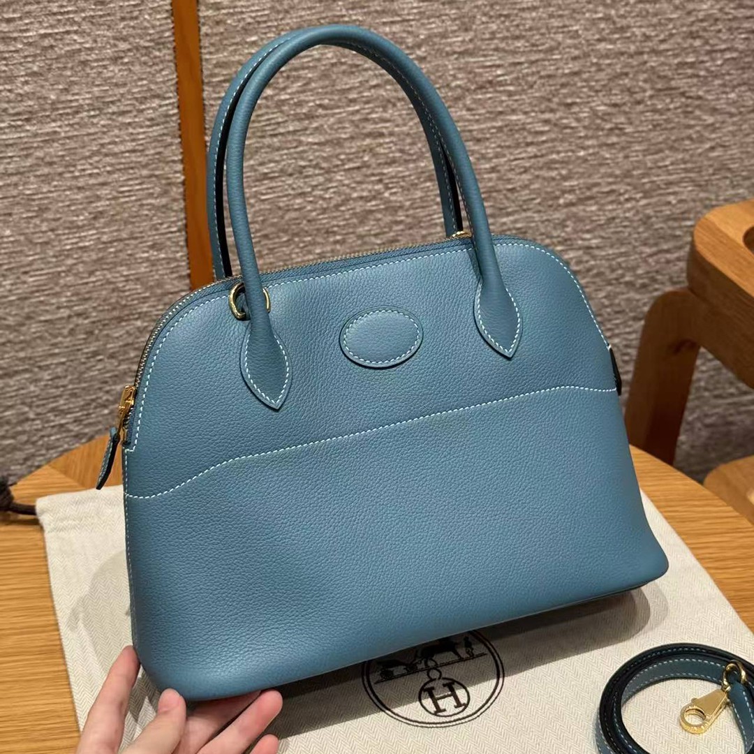 Hermes Bolide 1923 25 Bag Handmade In Togo Calfskin Leather Gold Hardware 75 Blue Jean
