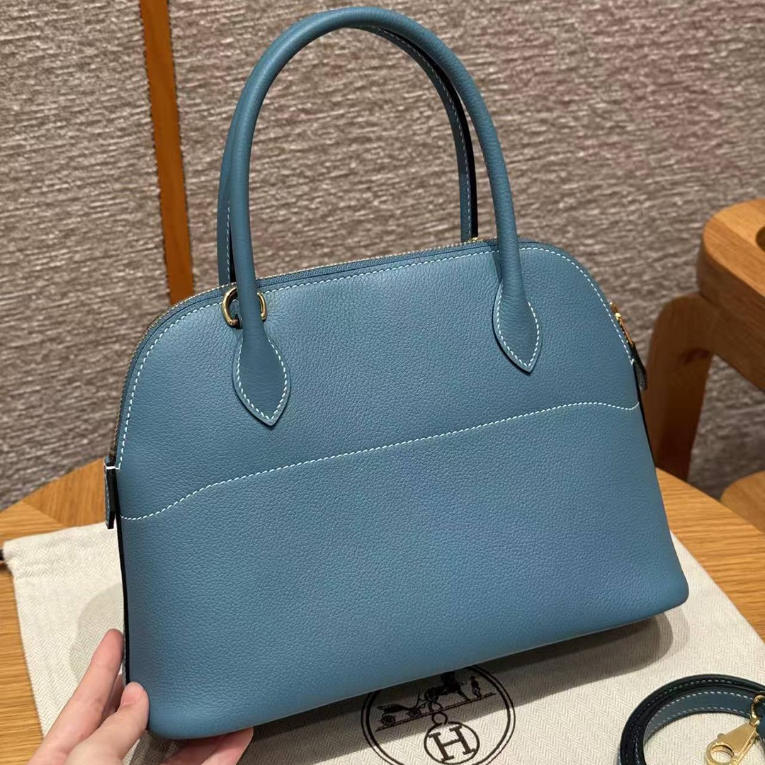 Hermes Bolide 1923 25 Bag Handmade In Togo Calfskin Leather Gold Hardware 75 Blue Jean - Image 2
